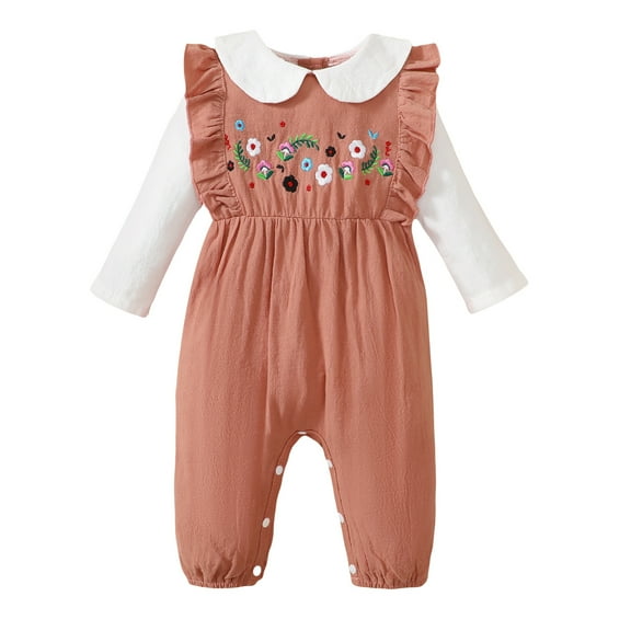 Kucnuzki Newborn Baby Girls Bodysuits 3-6 Months Baby Girls Winter Clothes Lapel Long Sleeves Romper Flower Embroidery One-piece Overalls Fake 2pcs Pink
