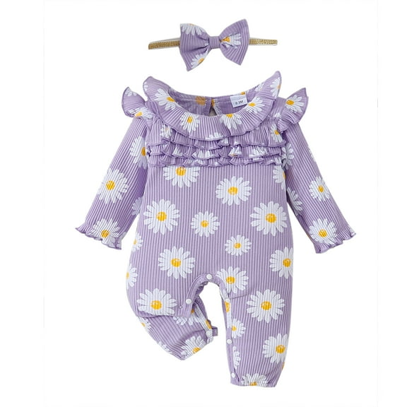 Kucnuzki Newborn Baby Girls Bodysuits 3-6 Months Baby Girls Winter Clothes Round Neck Long Sleeves Romper Daisy Print Floral One-piece Overalls Outwear with Headband 2pcs Purple
