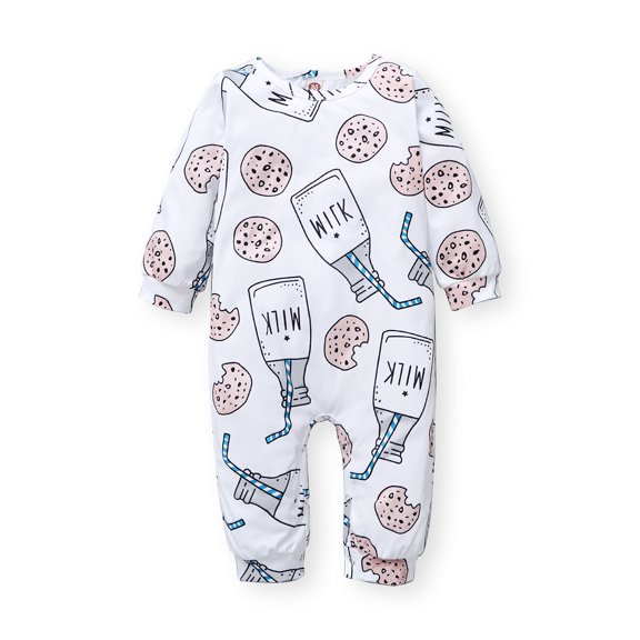 Kucnuzki Newborn Baby Girls Bodysuits 6-9 Months Long Sleeves Romper Fall Milk Cookie Print Jumpsuits Autumn Button Bottom Overalls White