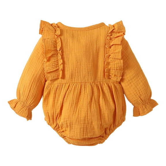 Kucnuzki Newborn Baby Girls Bodysuits 6-9 Months Solid Color Romper Fall Ruffle Long Sleeves Jumpsuits Button Bottom One-piece Yellow