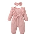 thumbnail image 1 of Kucnuzki Newborn Baby Girls Bodysuits Long Sleeves Ribbed Rompers Solid Color Overall with Headband 2pcs One-piece Fall Pink 9-12 Months, 1 of 10