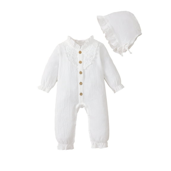 Kucnuzki Newborn Baby Girls Bodysuits Long Sleeves Romper Solid Color One-piece Jumpsuits Button Pleated Overalls with Hat 2pcs Fall Winter Clothes White NB