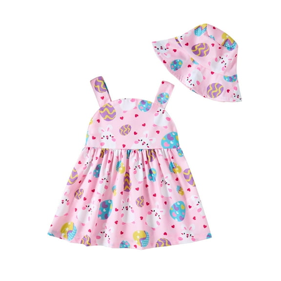 Kucnuzki Newborn Baby Girls Dress 3-6 Months Sleeveless A-line Dress Rabbit Print Bowknot One-piece Overalls with Hat 2pcs Pink