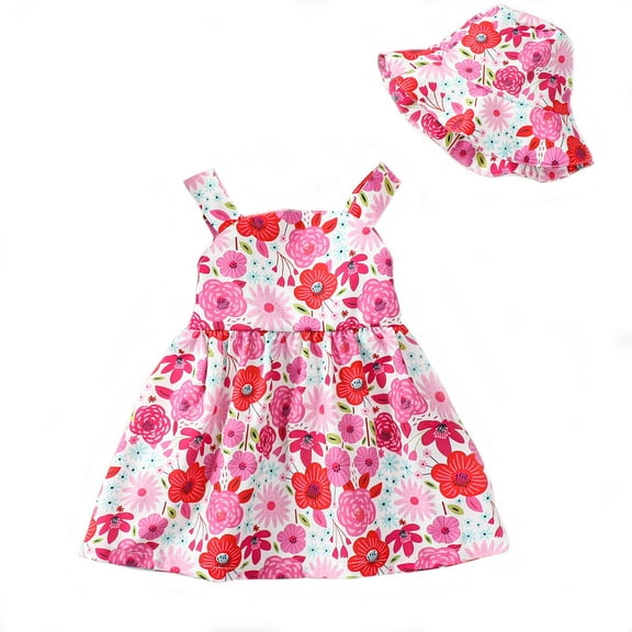 Kucnuzki Newborn Baby Girls Dress 3-6 Months Sleeveless Off the Shoulder One-piece Dress Bowknot Floral Dress with Hat 2pcs Girls Summer Clothes
