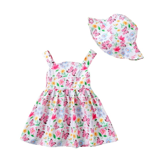 Kucnuzki Newborn Baby Girls Dress 6-12 Months Summer Clothes Sleeveless Off-the-shoulder Dress Floral A-line Dress Bow Expose Back Cute One-piece Overalls with Hat 2pcs Pink