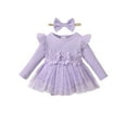 thumbnail image 1 of Kucnuzki Newborn Baby Girls Dress Fall Winter Romper Dress Ruffle Long Sleeves One-piece Dress Solid Color Bow Knit Overalls Tulle Dress with Headband Purple NB, 1 of 7