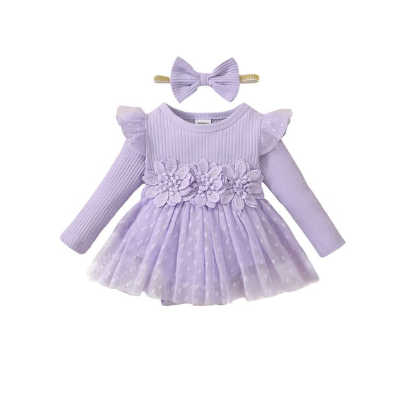 Kucnuzki Newborn Baby Girls Dress Fall Winter Romper Dress Ruffle Long Sleeves One-piece Dress Solid Color Bow Knit Overalls Tulle Dress with Headband Purple NB