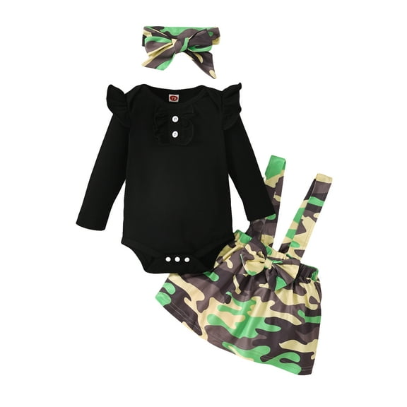 Kucnuzki Newborn Baby Girls Dress Sets Flying Long Sleeves Romper Top Camou Print Suspender Dress with Headband 3pcs Outfits Black 6-12 Months