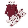 thumbnail image 1 of Kucnuzki Newborn Baby Girls Long Sleeves Rompers Floral Suspender Pants with Headband 3pcs Baby Girls Outfits Fall Red 9-12 Months, 1 of 10