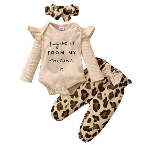 Kucnuzki Newborn Baby Girls Outfit Sets Ruffle Long Sleeves Romper Tops Bowknot Leopard Pants with Headband 3pcs Baby Girls Pant Sets Fall Apricot 0-3 Months