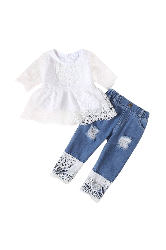 Newborn Baby Girls Outfit Sets Short Sleeves Lace Shirt Tops Ripped Denim Pants 2pcs Baby Girls Pant Sets Fall White 6-9 Months