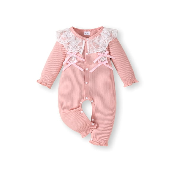 Kucnuzki Newborn Baby Girls Rompers Fall Round Neck Long Sleeves Bodysuits with Lace Button One-piece Pink 3-6 Months