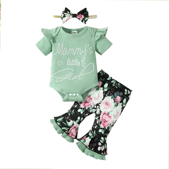 Kucnuzki Newborn Baby Girls Spring Outfits 6-12 Months Clothing Sets Summer Ruffle Short Sleeves Knit Top Letter Romper Top Floral Pants Flared Pants with Headband 3pcs Green