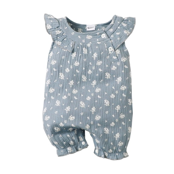 Kucnuzki Newborn Baby Girls Summer Clothes 0-3 Months Girl Romper Ruffle Sleeveless Floral One-piece Overals Button Bottom Clothing Blue