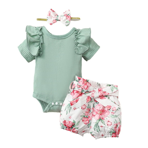 Kucnuzki Newborn Baby Girls Summer Outfits Clothes Sets Ruffle Short Sleeves Knit Romper Top Floral Shorts Set with Headband 3pcs Clothing Green NB