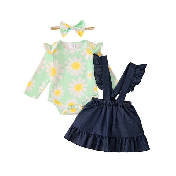 Kucnuzki Newborn Baby Girls Winter Outfits 0-3 Months Casual Baby Girls Skirt Sets Ruffle Long Sleeves Romper Sunflower Pullover Top Solid Color Ruffle Suspender Skirt with Headband 3pcs Sets Green