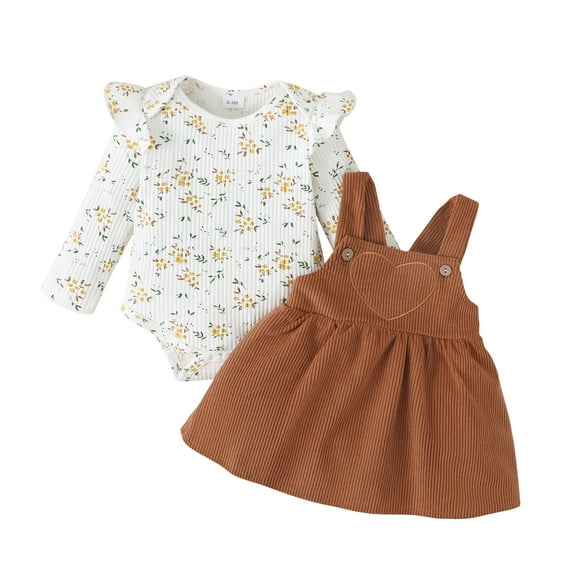 Kucnuzki Newborn Baby Girls Winter Outfits 0-3 Months Baby Girls Skirt Sets Ruffle Long Sleeves Knit Romper Floral Pullover Romper Top Suspender Skirt 2pcs Khaki