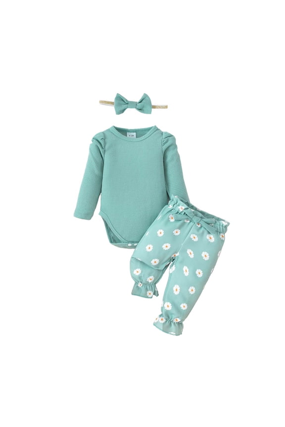 Newborn Baby Girls Winter Outfits 0-3 Months Warm Clothing Sets Puff Long Sleeves Romper Solid Color Knit Pullover Top Bow Daisys Print Pants with Headband 3pcs Sets Green