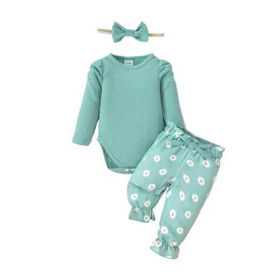 Kucnuzki Newborn Baby Girls Winter Outfits Warm Clothing Sets Puff Long Sleeves Romper Solid Color Knit Pullover Top Bow Daisys Print Pants with Headband 3pcs Sets Green NB