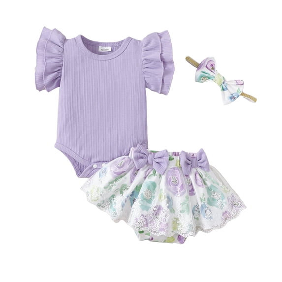 Kucnuzki Newborn Baby Outfits Ruffle Short Sleeves Knit Romper Top Bowknot Floral Tulle Shorts with Headband 3pcs Sets Purple NB