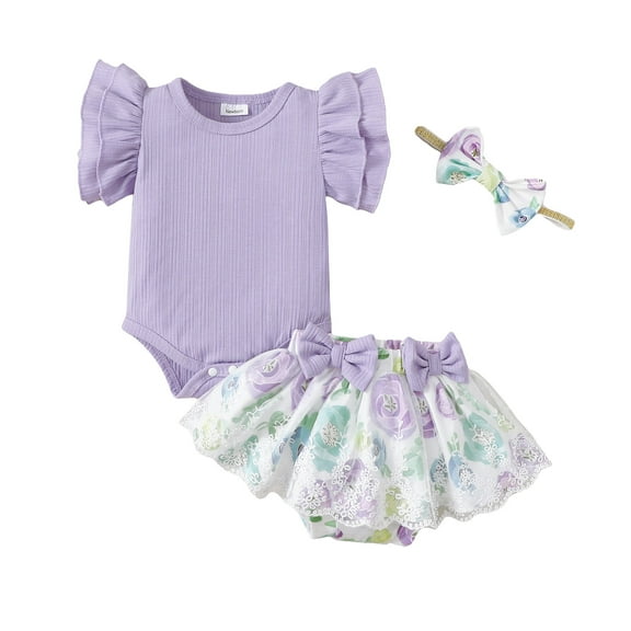Kucnuzki Newborn Baby Outfits Ruffle Short Sleeves Knit Romper Top Bowknot Floral Tulle Shorts with Headband 3pcs Sets Purple NB