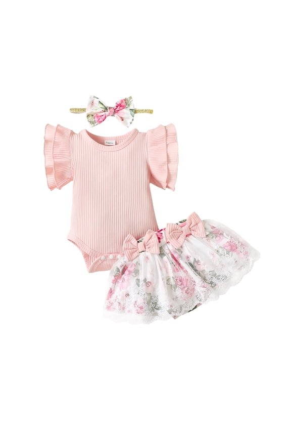 Newborn Newborn Baby Girl Clothes Romper Shorts Set Fly Sleeve Pure Color Casuak Rompers Top Elastic Floral Mesh Panel Shorts Headband 3PCS Set Pink