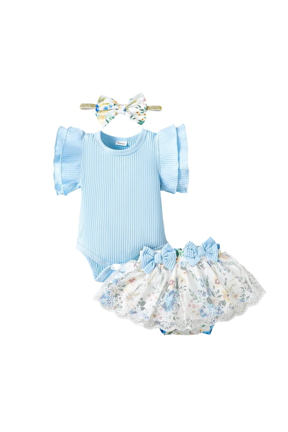 Newborn Newborn Baby Girl Clothes Romper Shorts Set Fly Sleeve Pure Color Casuak Rompers Top Elastic Floral Mesh Panel Shorts Headband 3PCS Set Blue