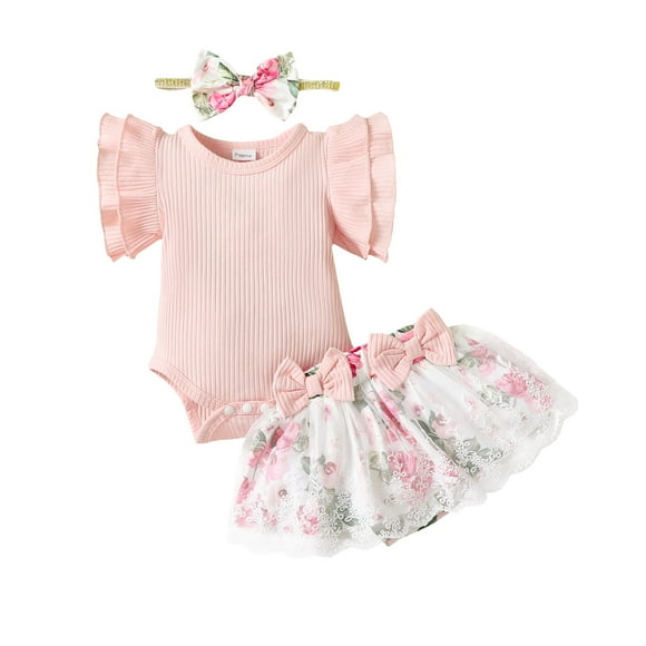 Kucnuzki Newborn Newborn Baby Girl Clothes Romper Shorts Set Fly Sleeve Pure Color Casuak Rompers Top Elastic Floral Mesh Panel Shorts Headband 3PCS Set Pink