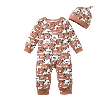 Kucnuzki Preemie Newborn Baby Boys Romper 0-3 Months Winter Clothing Long Sleeves Bear Print Jumpsuit Button Bottom One-piece Overalls with Hat 2pcs Brown