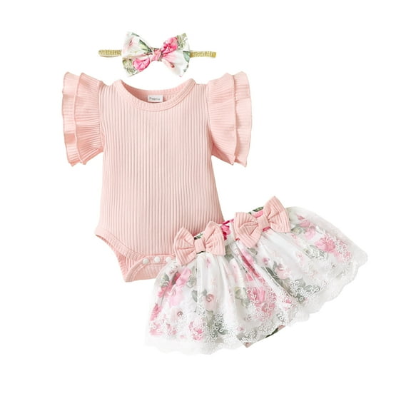 Kucnuzki Preemie Newborn Baby Girl Clothes Romper Shorts Set Fly Sleeve Pure Color Casuak Rompers Top Elastic Floral Mesh Panel Shorts Headband 3PCS Set Pink