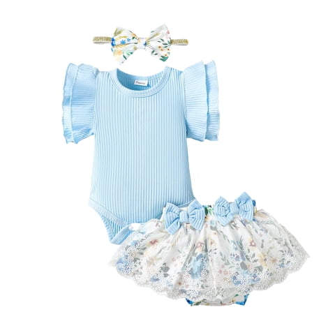 Preemie Newborn Baby Girl Clothes Romper Shorts Set Fly Sleeve Pure Color Casuak Rompers Top Elastic Floral Mesh Panel Shorts Headband 3PCS Set Blue
