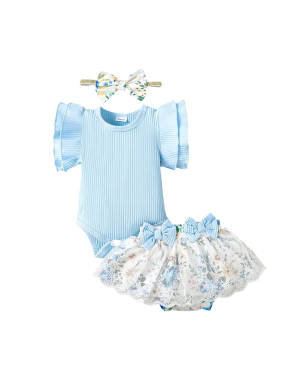 Preemie Newborn Baby Girl Clothes Romper Shorts Set Fly Sleeve Pure Color Casuak Rompers Top Elastic Floral Mesh Panel Shorts Headband 3PCS Set Blue