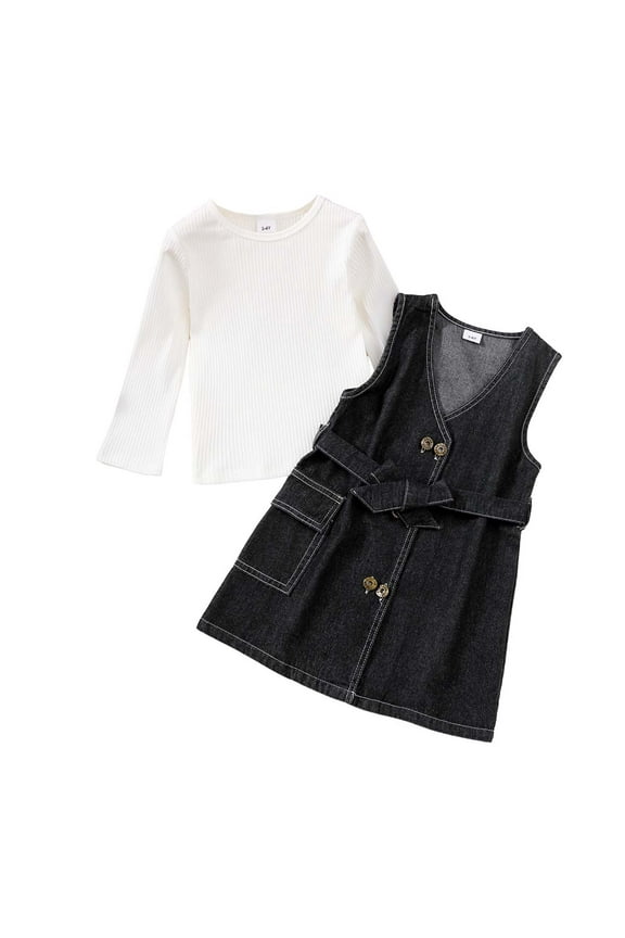 Toddler Baby Girl Clothes 2T Fall Winter Dress 3T Long Sleeve Solid Color Pull-Over + V Neck Sleevess Sundress 2PCS Set Black