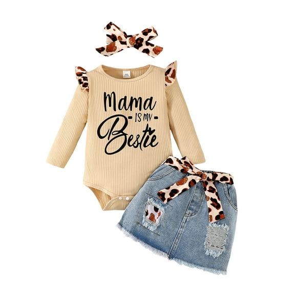 Kucnuzki Toddler Baby Girls Outfit Sets 2-3T Baby Girls Clothes Fall Ruffle Long Sleeves Romper Tops   Ripped Denim Skirt   Headband 3pcs Apricot
