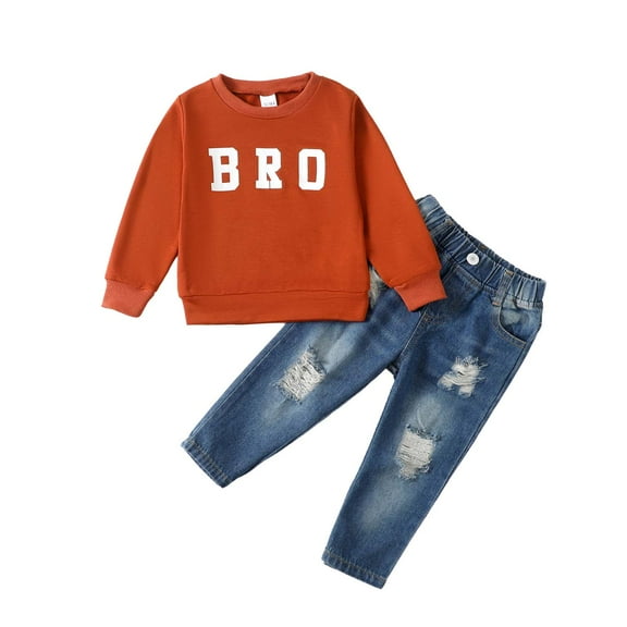 Kucnuzki Toddler Boys Outfit Sets Fall 4T Boys Pant Sets 5T Clothing Sets Letter Print Long Sleeves Tops Ripped Denim Pants 2PCS Brown