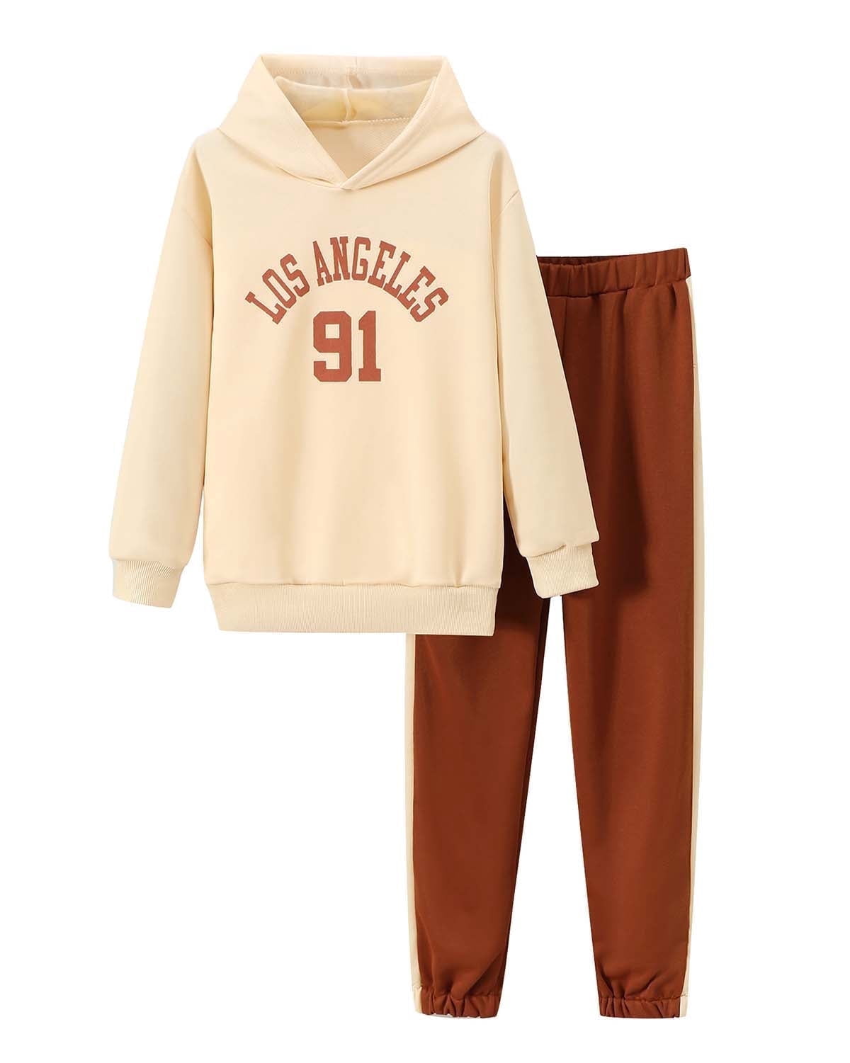 Kucznuki 11 Years Big Girls Winter Clothes 12 Years Youth Tween Outfits Long Sleeves Letter Print Pullover Hoodie Sweatshirt Top Color Block Pants Set 2pcs Warm Clothing Apricot