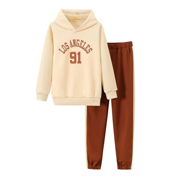 Kucznuki 8 Years Big Girls Winter Clothes 9 Years Kid Child Outfits Long Sleeves Letter Print Pullover Hoodie Sweatshirt Top Color Block Pants Set 2pcs Warm Clothing Apricot