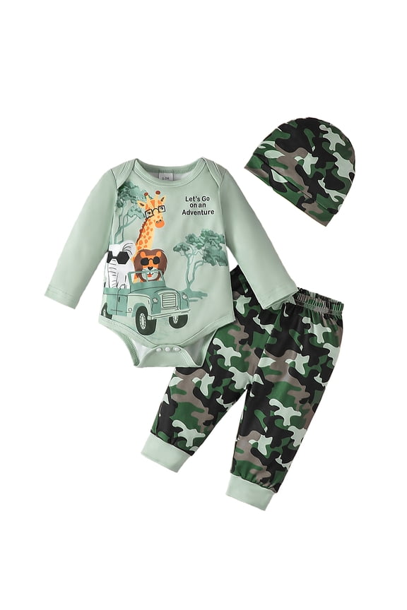 Kucznuki Newborn Baby Boys Outfit Set 3-6 Months Winter Clothes Long Sleeves Giraffe Elephant Print Romper Top Camouflage Pants Sets with Hat 3pcs Warm Clothing Green