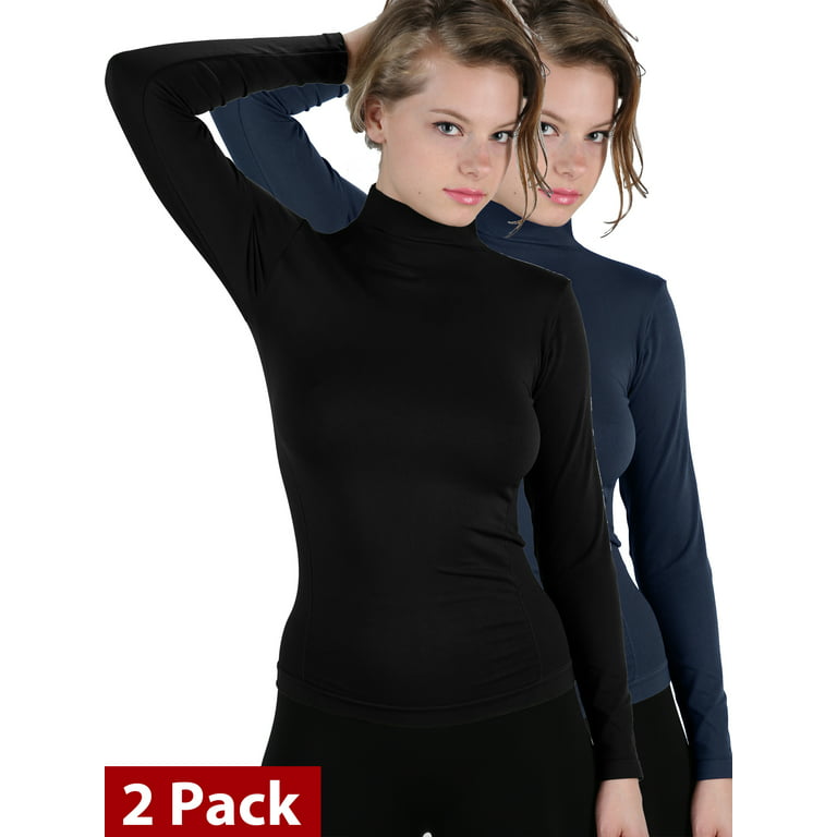 Kuda Moda 2-Pack Women Basic Seamless Mock Neck Turtleneck Long Sleeve  Shirts 