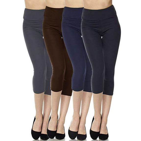 Kuda Moda 4-Pack Capri Leggings For Women 3 inch Wide Waistband Yoga Sports and Casual Capri Legging Pants (2XL/3XL)