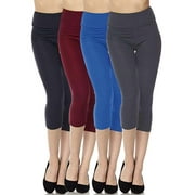 Kuda Moda 4-Pack Capri Leggings For Women 3 inch Wide Waistband Yoga Sports and Casual Capri Legging Pants (S/M/L)
