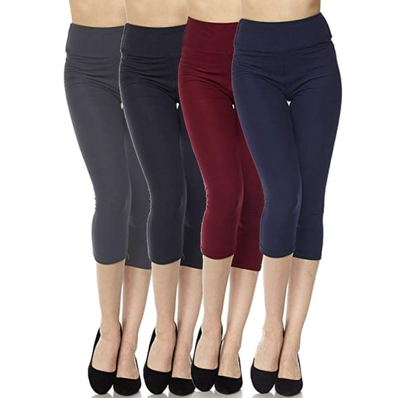 Kuda Moda 4-Pack Capri Leggings For Women 3 inch Wide Waistband Yoga Sports and Casual Capri Legging Pants (S/M/L)