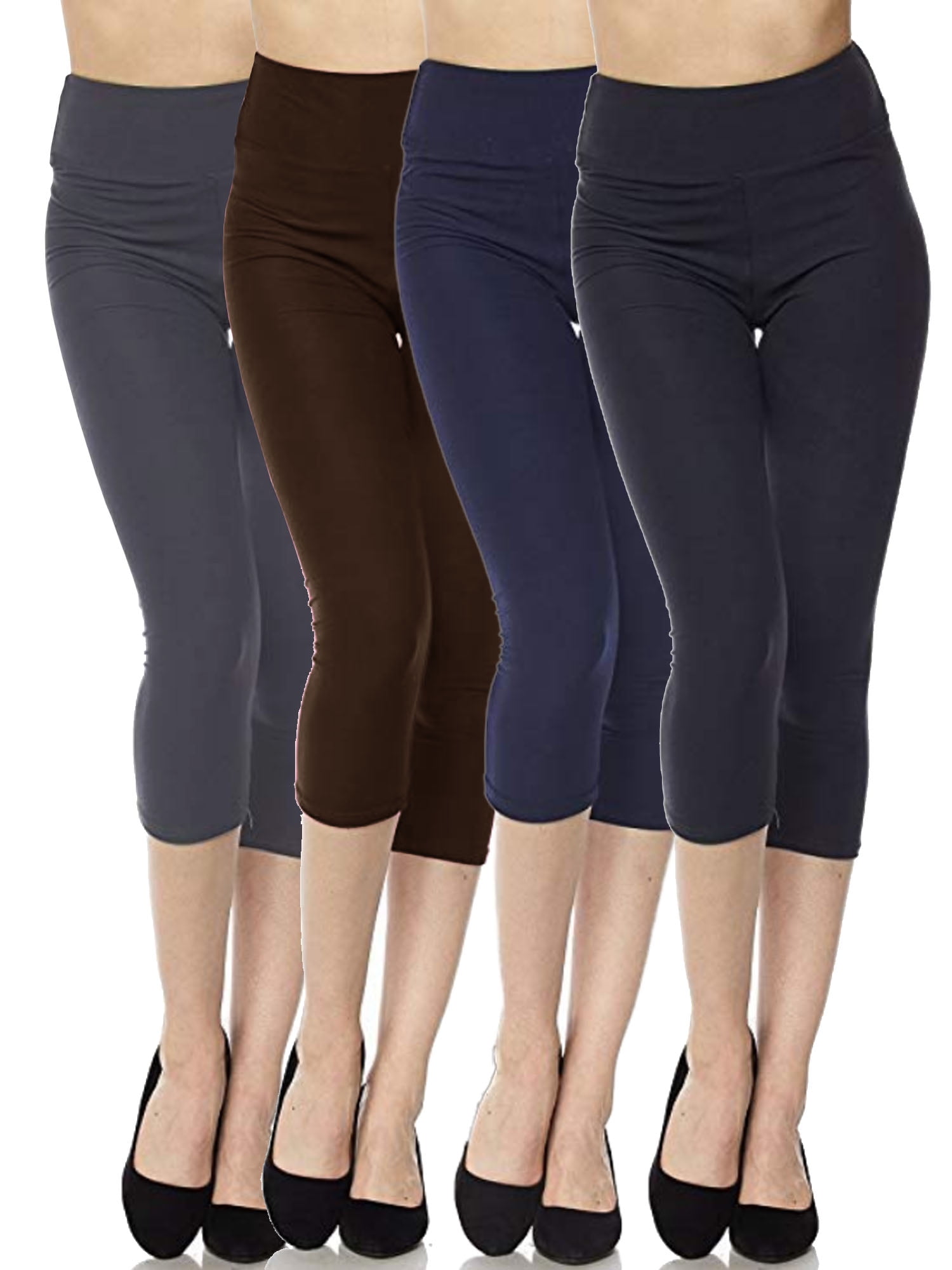 Kuda Moda 4-Pack Capri Leggings For Women 3 inch Wide Waistband Yoga Sports and Casual Capri Legging Pants (S/M/L)
