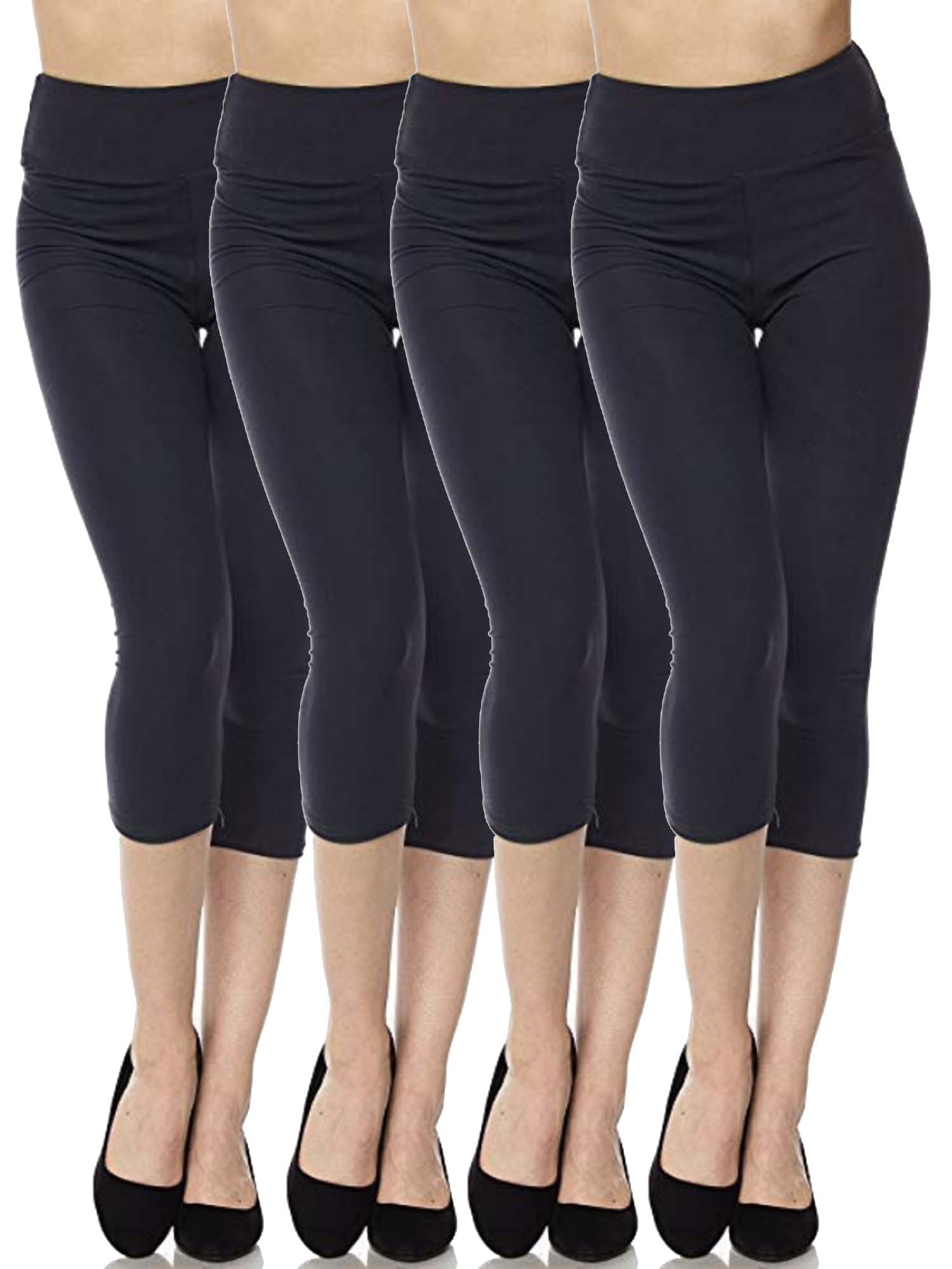 Kuda Moda 4-Pack Capri Leggings For Women 3 inch Wide Waistband Yoga Sports and Casual Capri Legging Pants (XL/2XL)