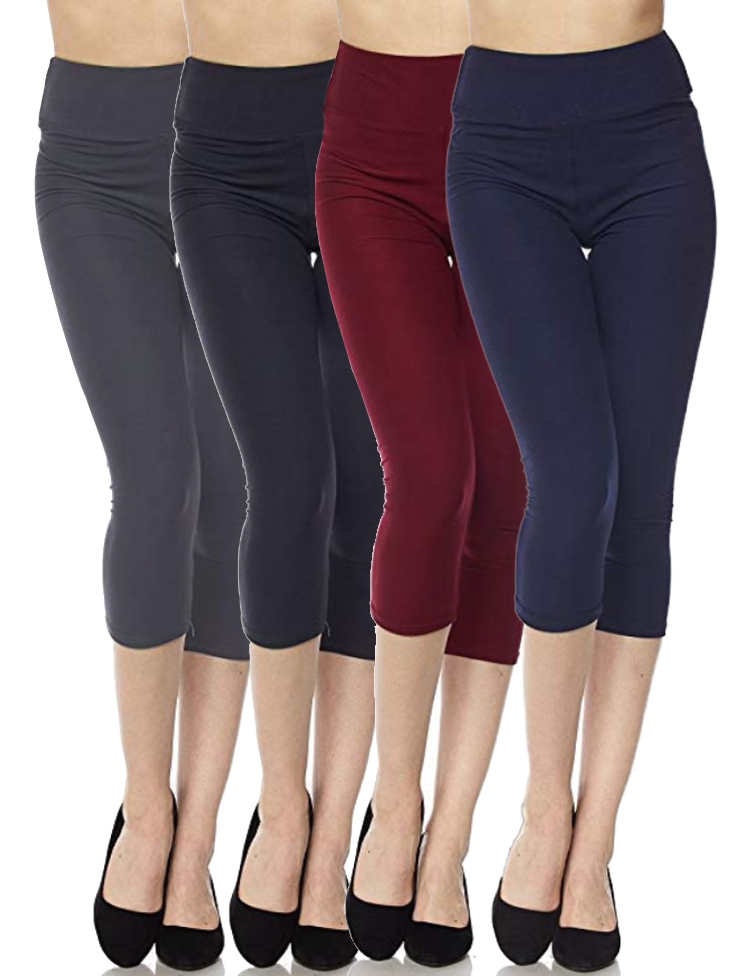 Kuda Moda 4-Pack Capri Leggings For Women 3 inch Wide Waistband Yoga Sports and Casual Capri Legging Pants (XL/2XL)