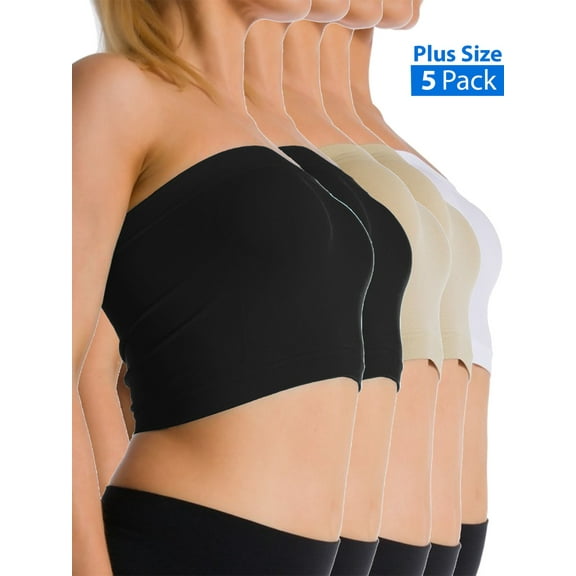 Kuda Moda 5-Pack Women Plus Size Tube Top Bra Seamless Strapless Bandeau Bra XL 2X 3X 4X No Pad