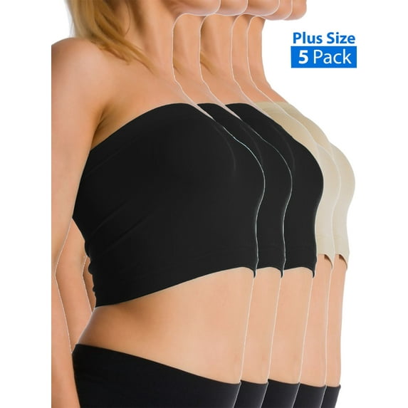 Kuda Moda 5-Pack Women Plus Size Tube Top Bra Seamless Strapless Bandeau Bra XL 2X 3X 4X No Pad