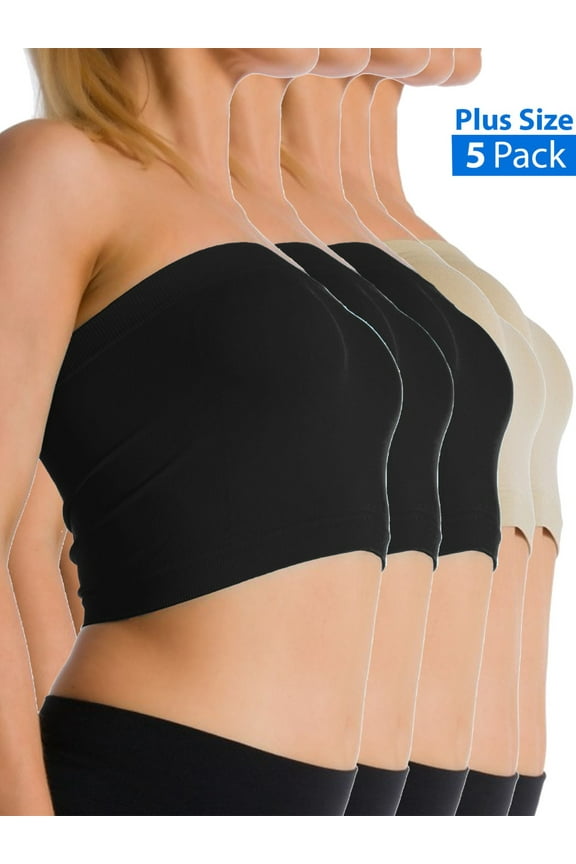 5-Pack Women Plus Size Tube Top Bra Seamless Strapless Bandeau Bra XL 2X 3X 4X No Pad