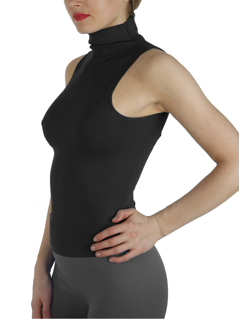 Kuda Moda Seamless Ribbed Mock Neck Sleeveless Top for Women