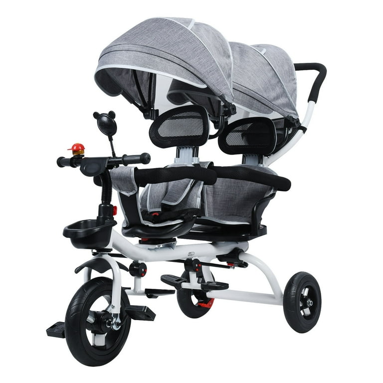 Kuervmo Tandem Tricycle with Double Seat And Canopy Anti rollover Shockproof Rubber Wheel Double Baby Stroller for 2 8 Years Old Kid Children Tricycle Include Bell And Mirror Walking Baby Stroller Wal...